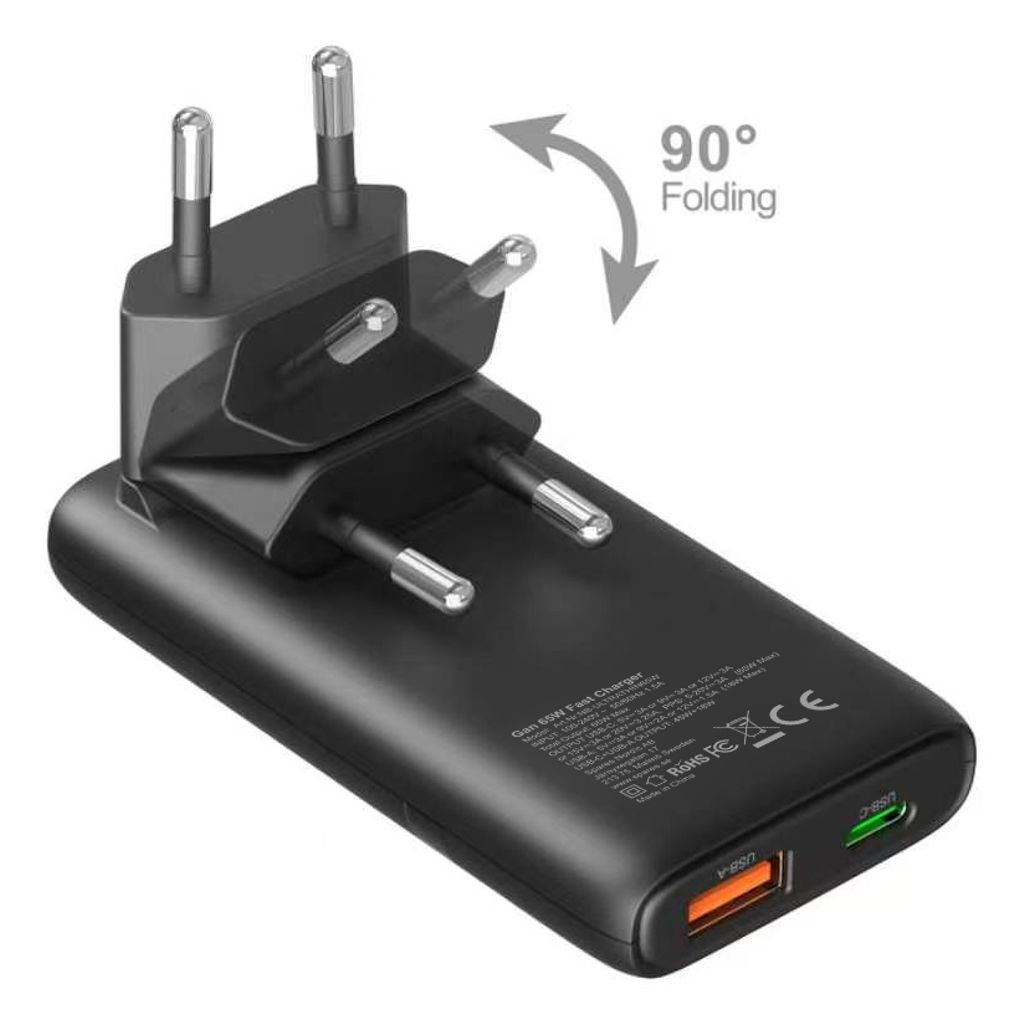 NEXTBATT GaN Ultra Slim Ladegerät, faltbar, 65 W, USB-C/USB-A – Schwarz