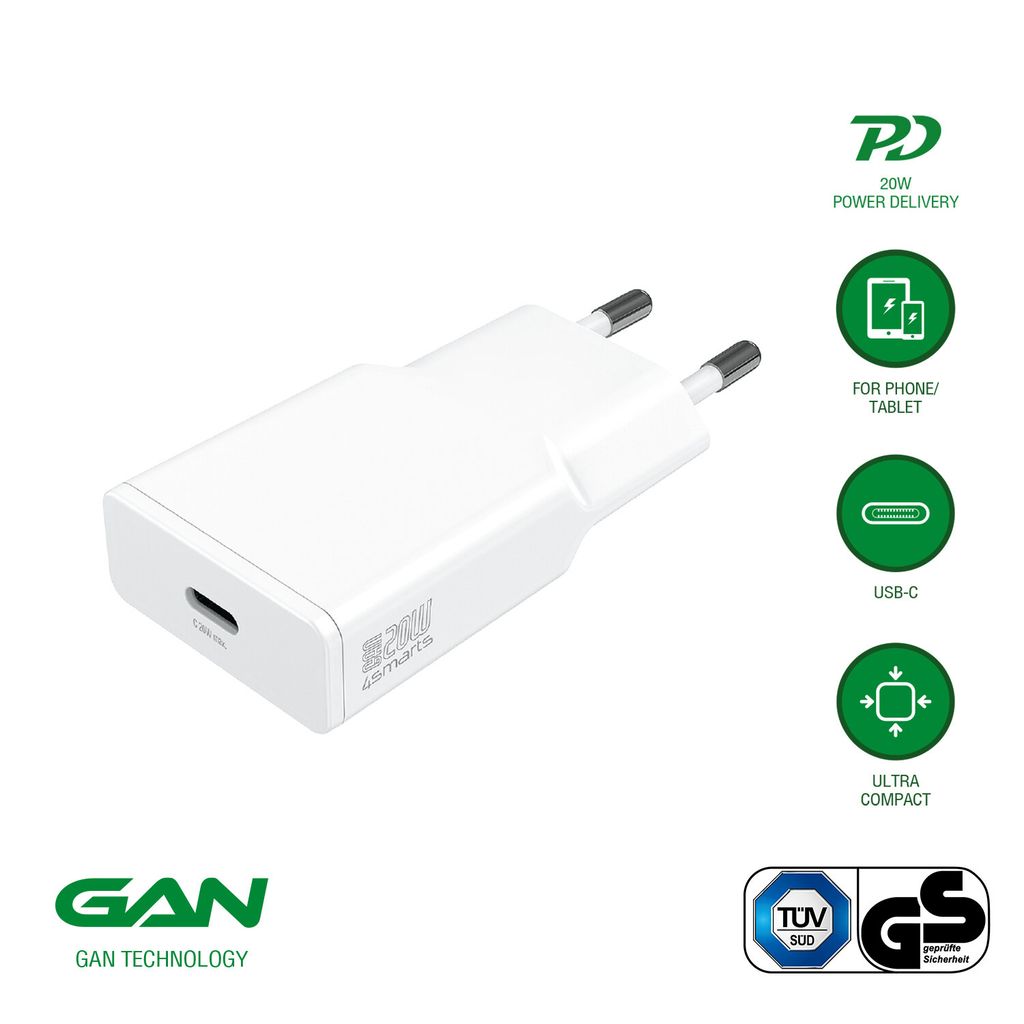 4Smarts 20W Vegglader PDPlug Slim GaN USB-C 2-pakning med Veske – Hvit