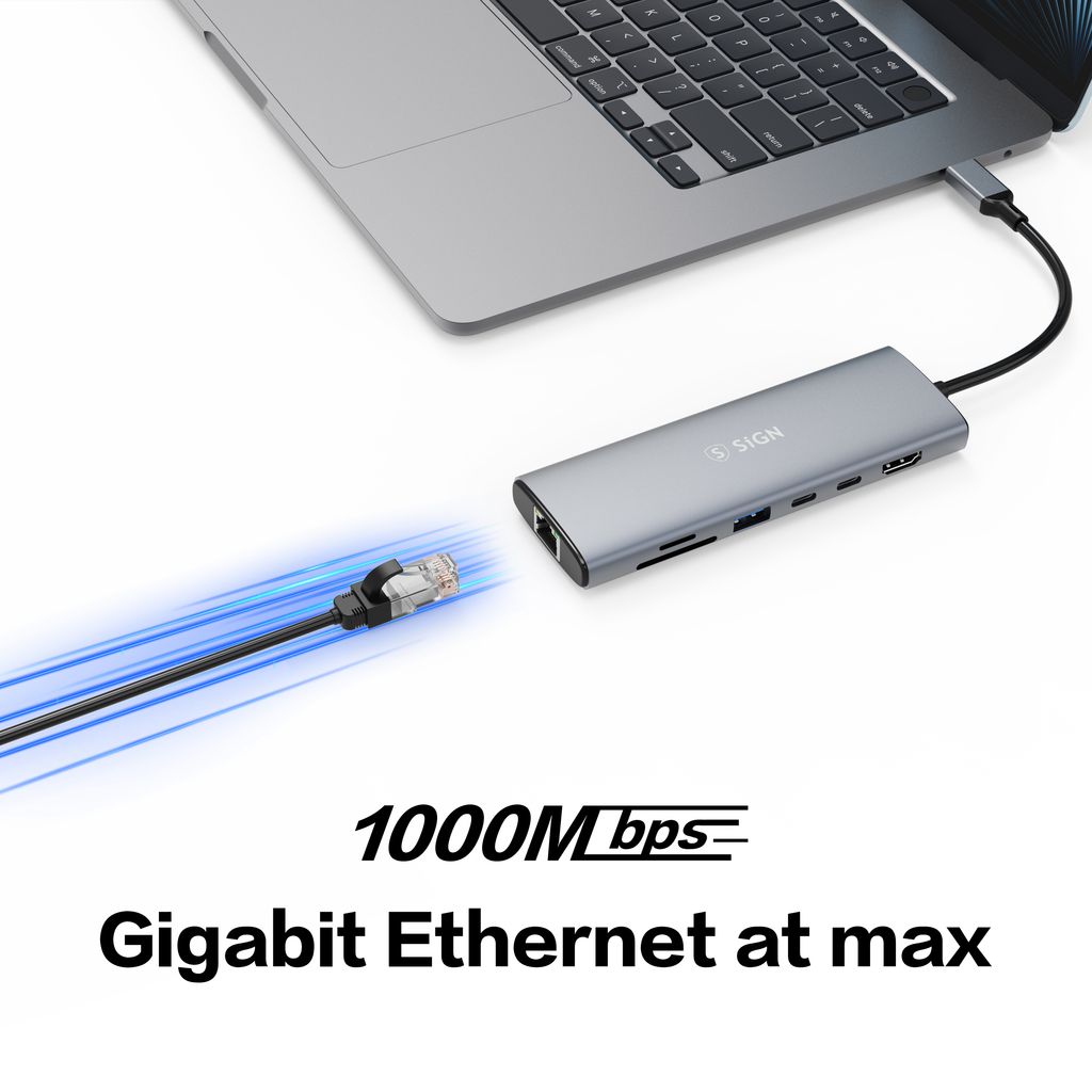 SiGN 7-i-1-hub USB-C til USB-A / 2x USB-C / HDMI 4K@60Hz / RJ45 / SD / TF