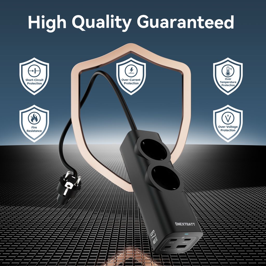 NEXTBATT 67W Fast Charging Power Strip 2-way/ 3xUSB-C/1x USB-A, 2m - Black