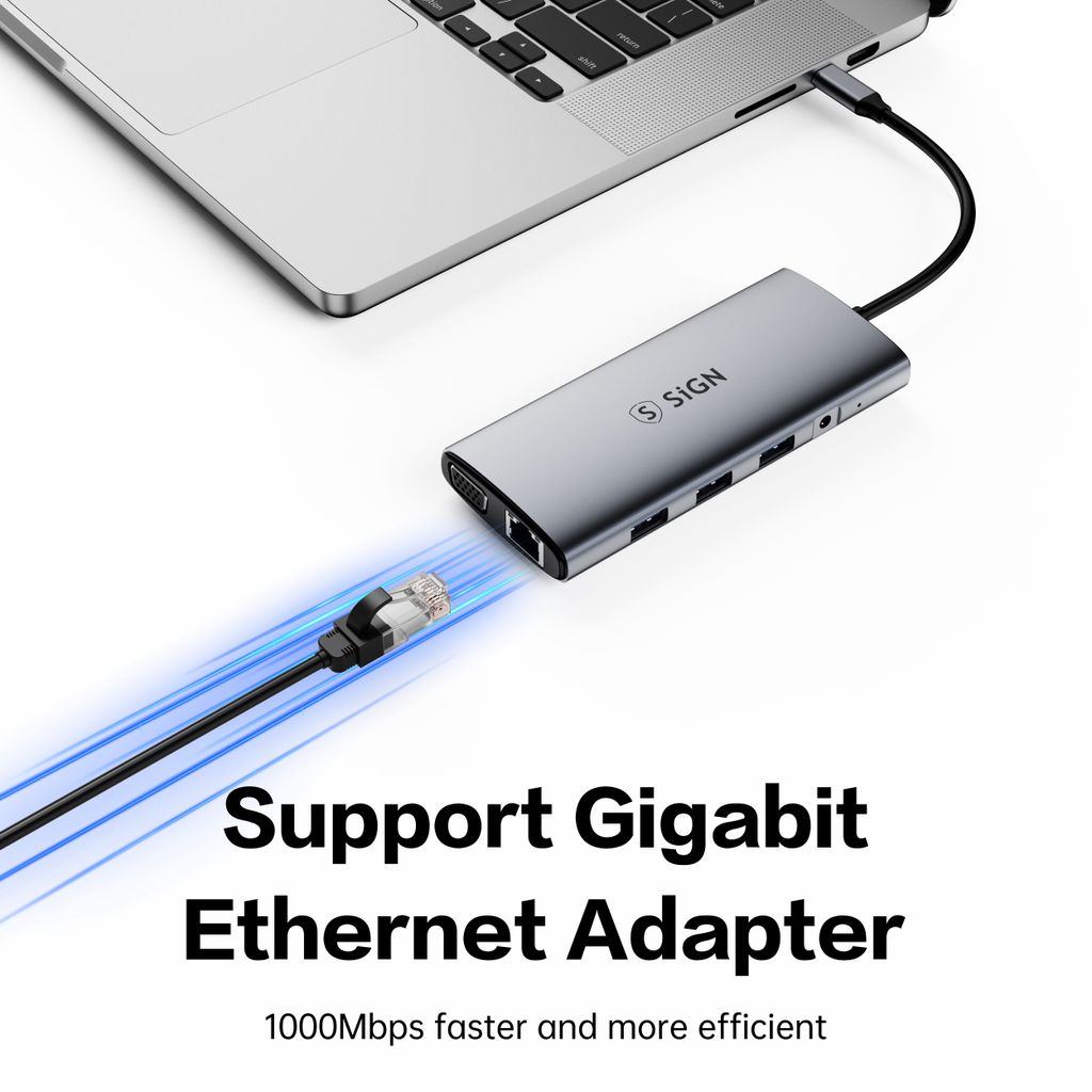 SiGN 11-i-1-hub USB-C til HDMI/VGA/RJ45/USB-C/USB-A/SD/TF/3,5 mm - Sølv