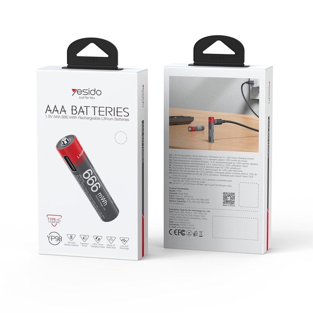 YESIDO YP98 AAA Uppladdningsbara Batterier 4-pack – USB-C, 666mWh
