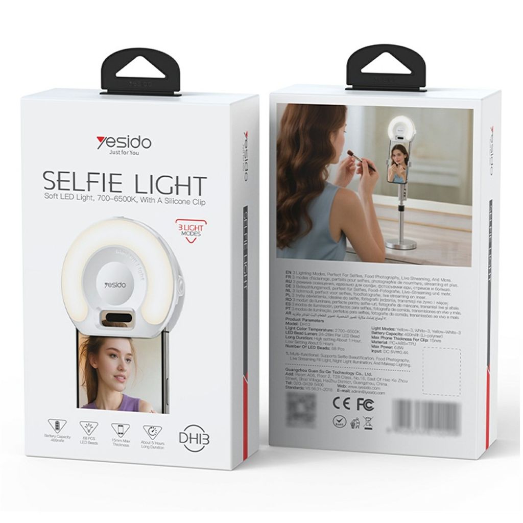YESIDO DH13 Selfie Ringlampe med LED-klip – 3 lystilstande