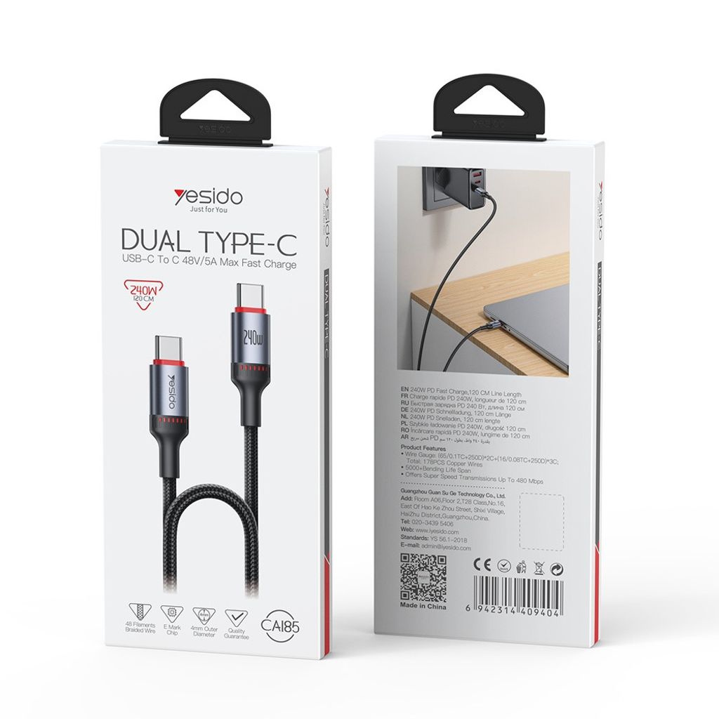 Yesido USB-C laddkabel 240W 5A, 1,2m