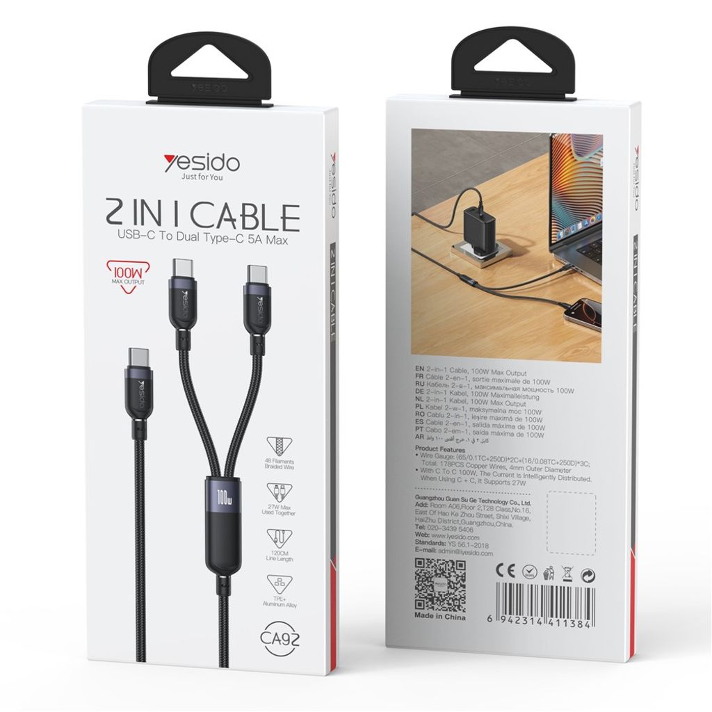 Yesido 2-i-1 USB-C-kabel till 2x USB-C 100W, 1,2 m