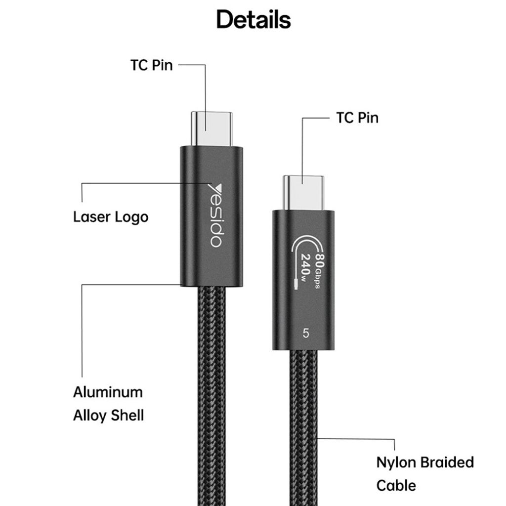 YESIDO CA211 Thunderbolt 5 USB-C til USB-C kabel 240W, 1m – Sort