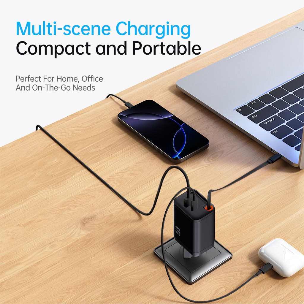 SiGN GaN Snabbladdare USB-C/USB-A 65W med utdragbar USB-C kabel  - Svart