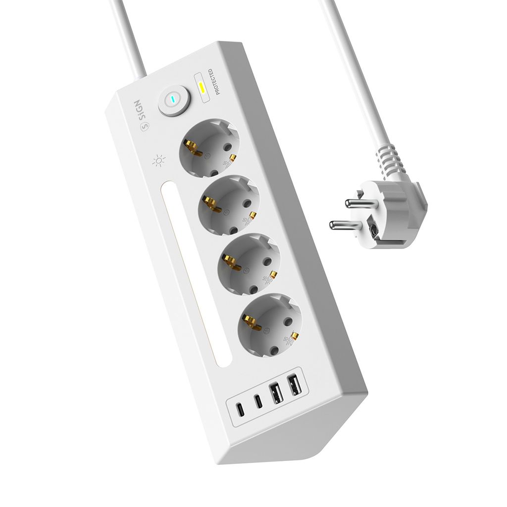 SiGN hurtigladende strømskinne for skrivebord 4-veis/2x USB-A/2x USB-C 1,8m – hvit