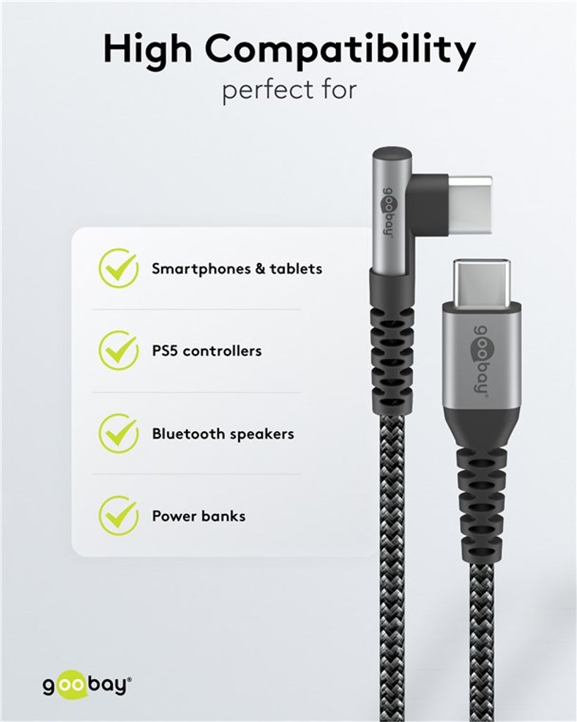 Goobay USB-C till vinklad USB-C kabel 60W, 2m
