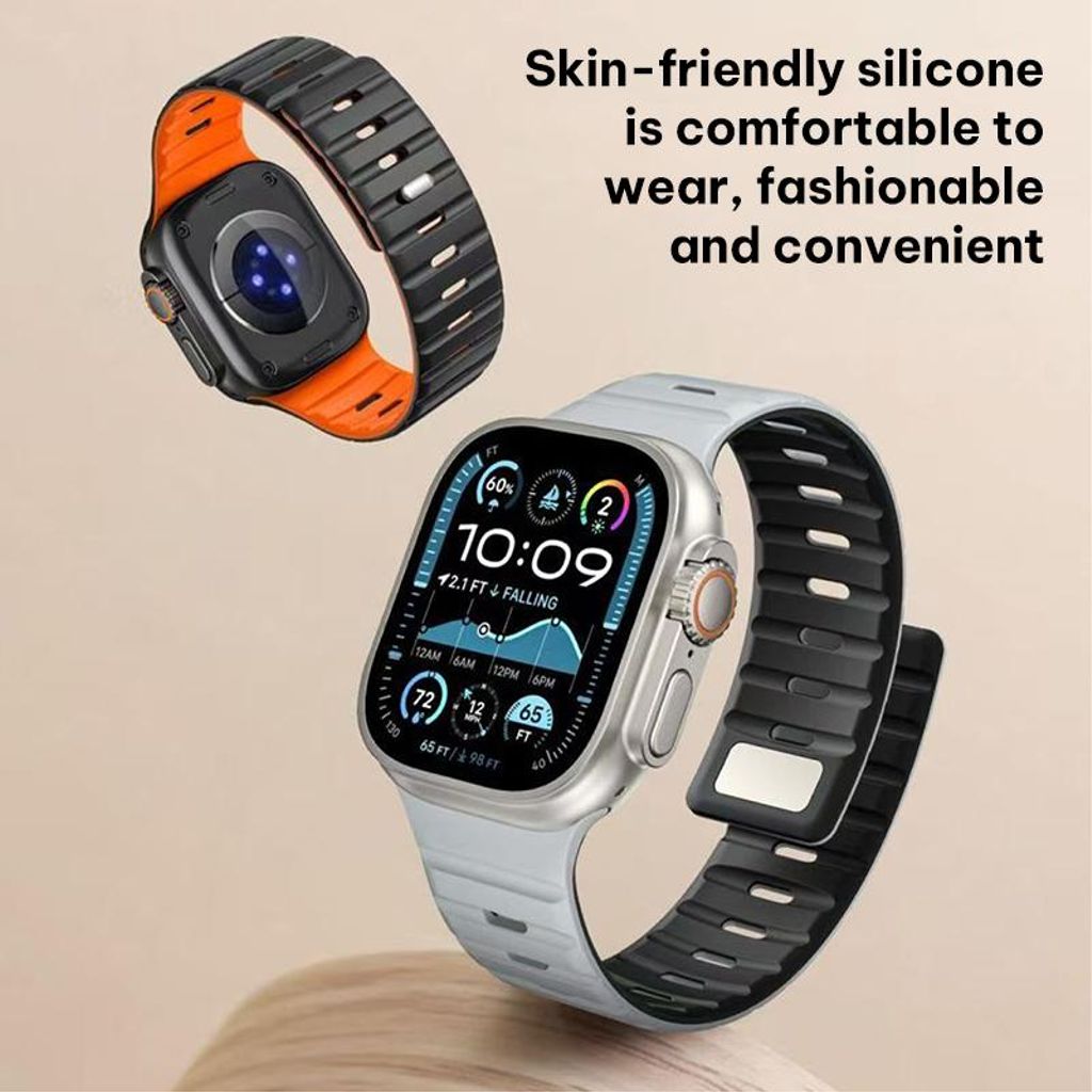 Apple Watch 42/44/45/46/49 mm kellonranneke silikonilla ja magneettisoljella – valkoinen/oranssi