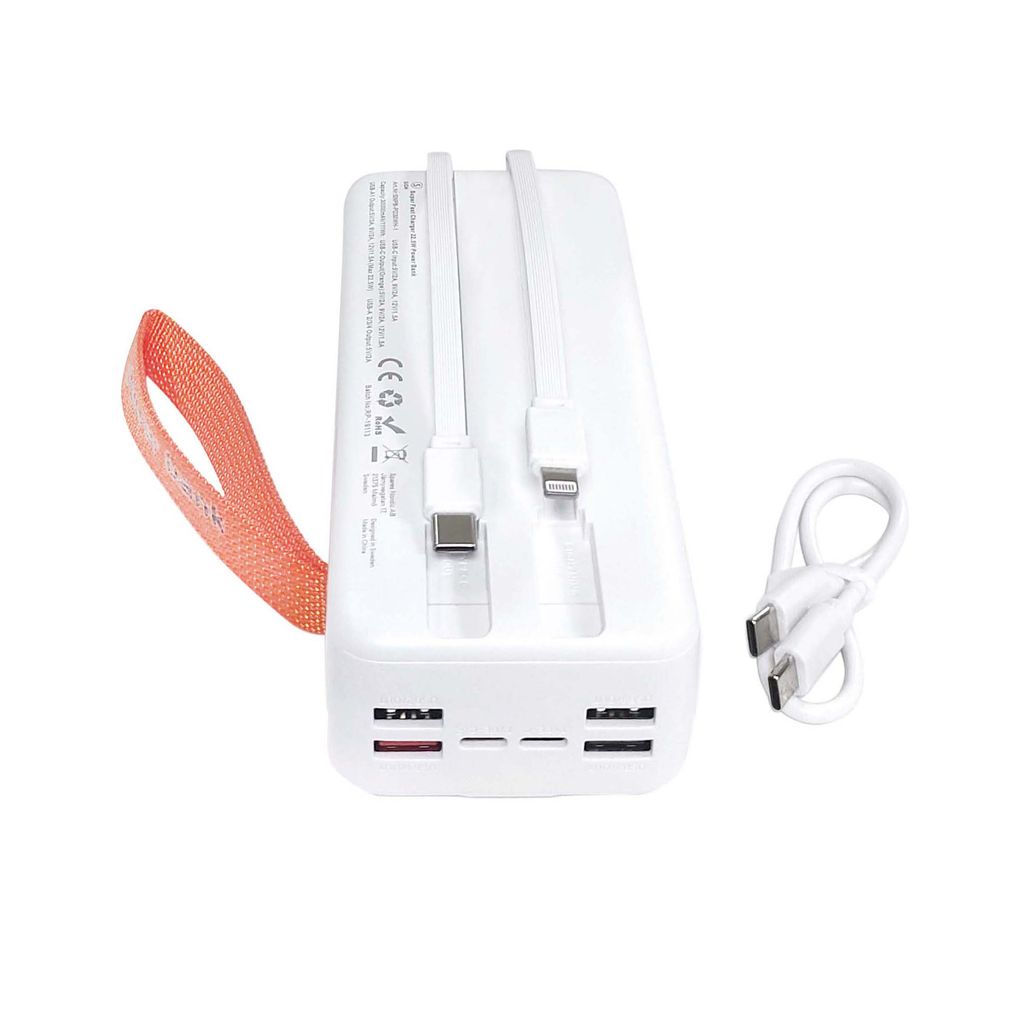 SiGN Kraftig Powerbank med Indbyggede Kabler, 30000mAh - Hvid