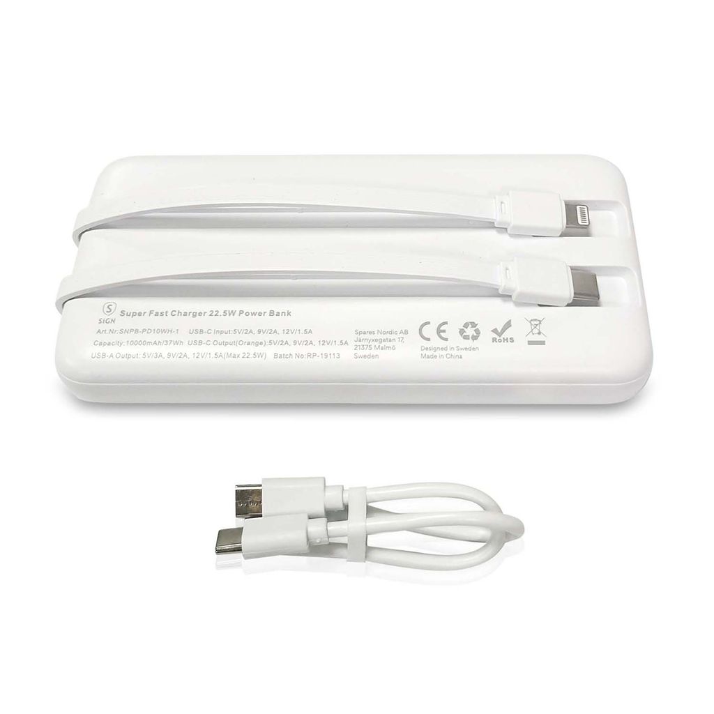 SiGN Kraftig Powerbank med Indbyggede Kabler, 10000mAh - Hvid