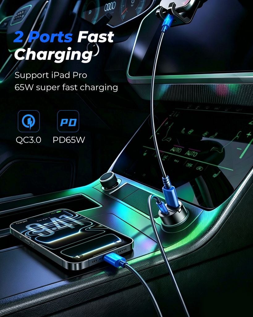 Joyroom JR-CCN18 USB-A/USB-C mini billaddare med dragring – svart