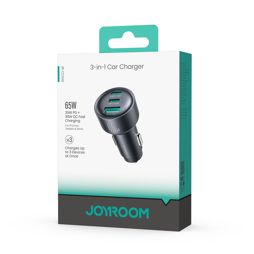 Joyroom JR-CL21 65W 3-i-1 billaddare USB-C/USB-A – Svart