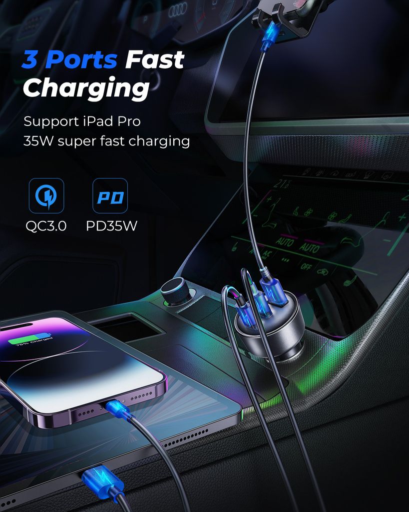 Joyroom JR-CL21 65W 3-i-1 billaddare USB-C/USB-A – Svart
