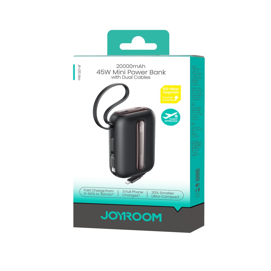 Joyroom JR-L012 Ultra powerbank 20000mAh met USB-C/Lightning-kabels - Zwart