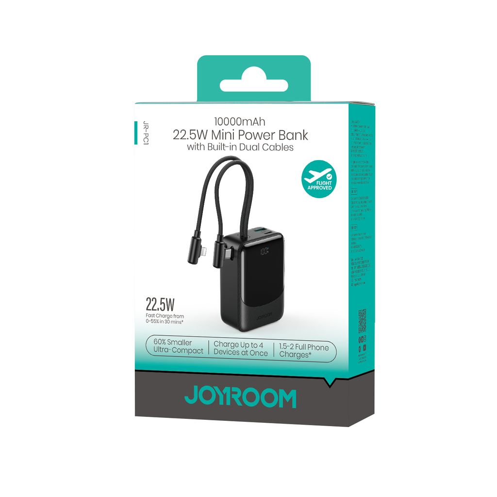 Joyroom JR-PC1 22.5W mini powerbank 10000mAh med USB-C/Lightning-kablar – Svart