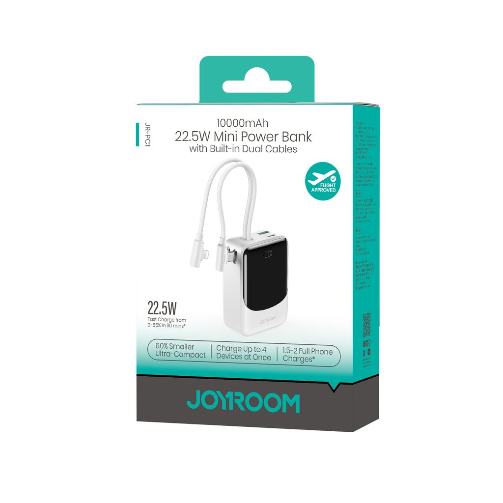 Joyroom JR-PC1 22.5W mini powerbank 10000mAh med USB-C/Lightning-kablar – vit