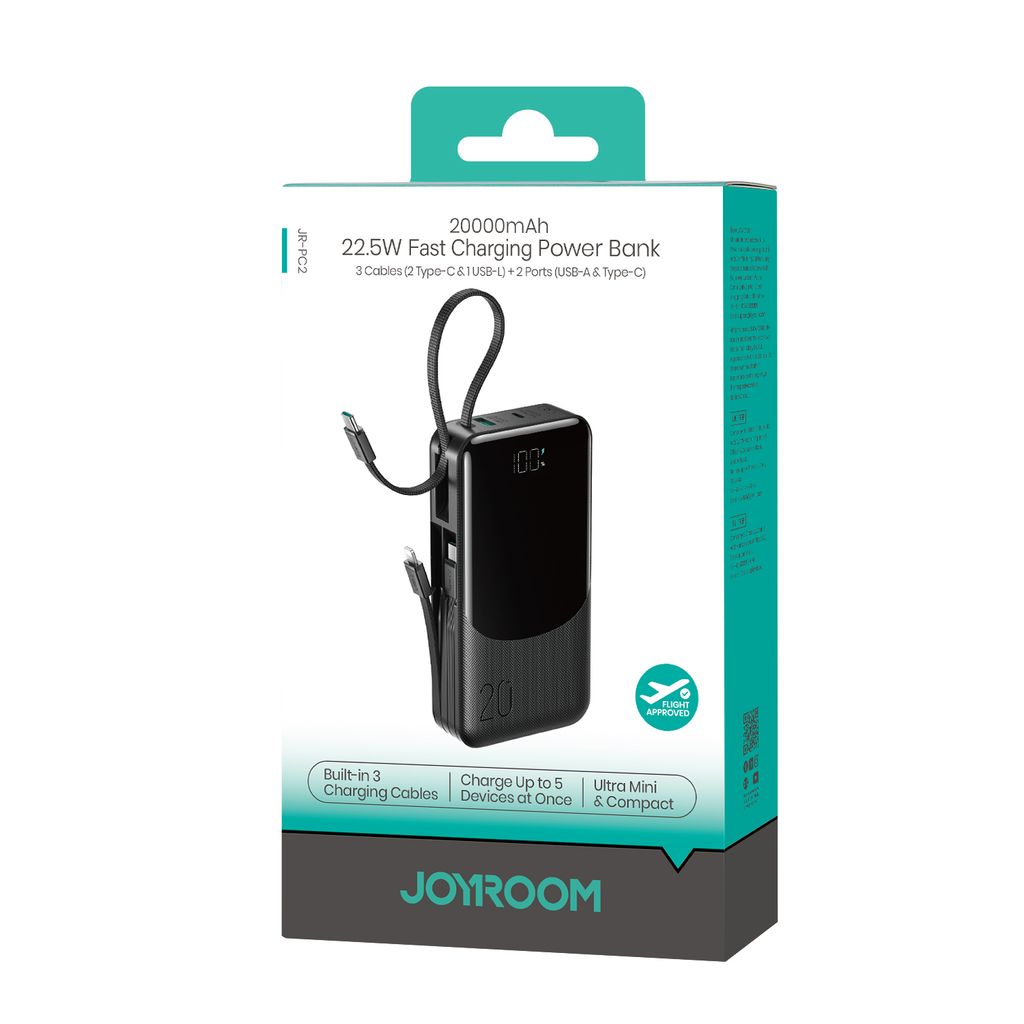 Joyroom JR-PC2 Powerbank 20000mAh met ingebouwde USB-C/Lightning-kabels – Zwart