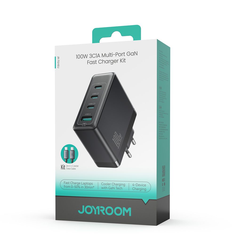 Joyroom 100W GaN Moniporttipikalaturi USB-C-kaapelilla 240W, 2m – Musta