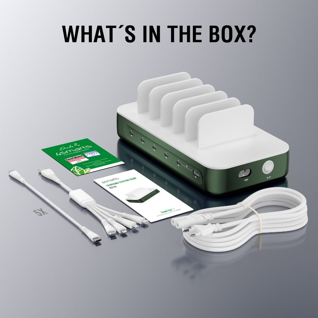 4smarts Team Ladestasjon 100 W – 5 USB-C + 1 USB-A med 6 kabler – Grønn