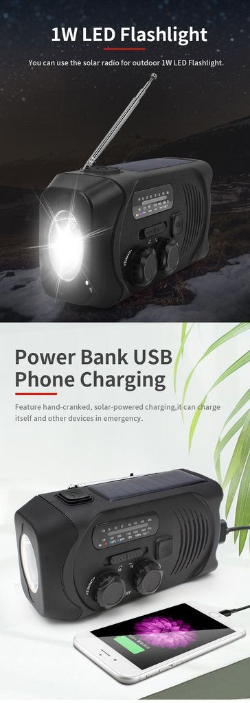 SiGN Vevradio med Solceller, Ficklampa och 2000mAh Powerbank