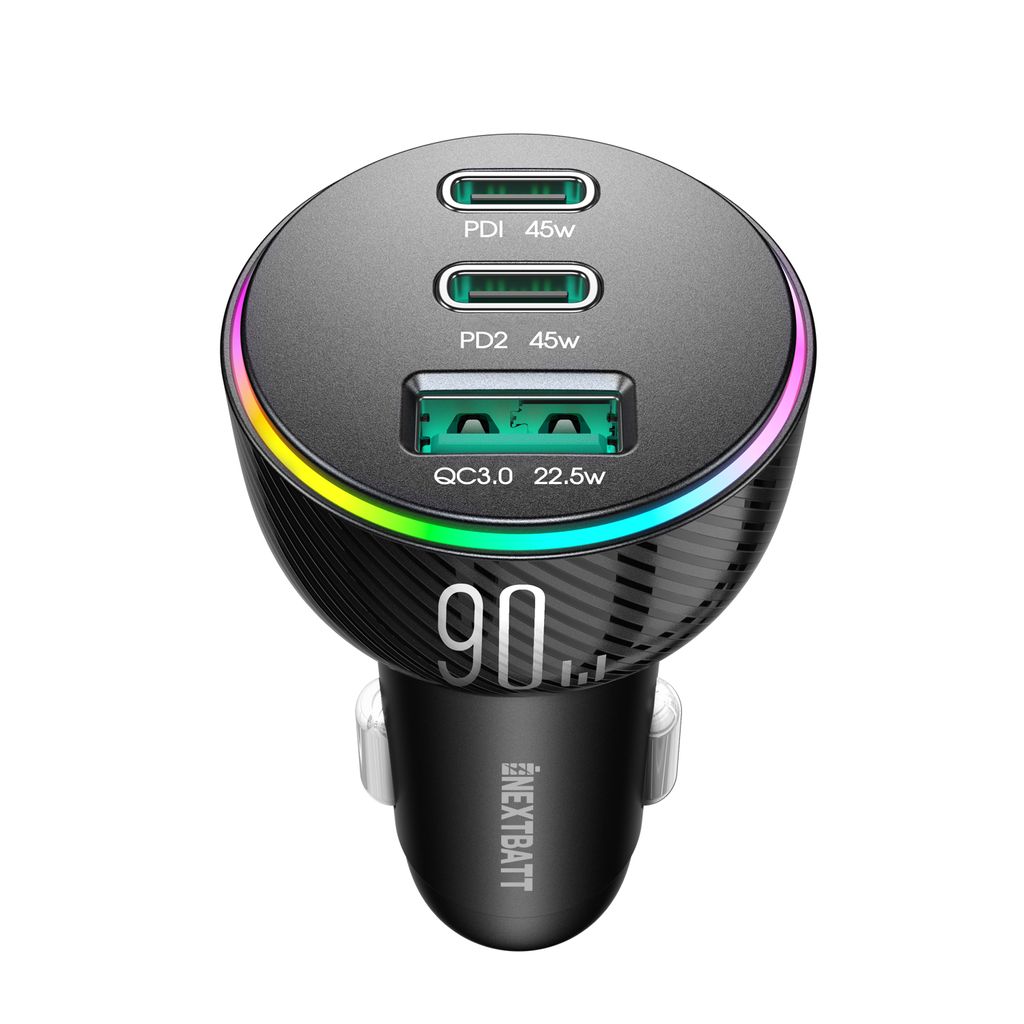NEXTBATT LED billaddare 90W PD, USB-A / 2x USB-C – svart