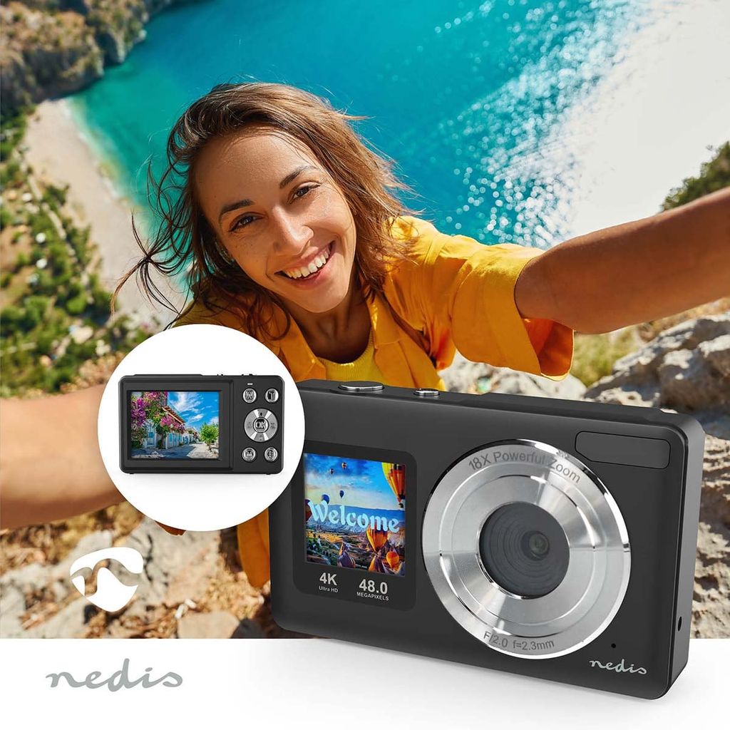 Nedis digitalt fotokamera med dobbelt skærm 48 MPixel/4K@30fps/5 MPixel CMOS - sort