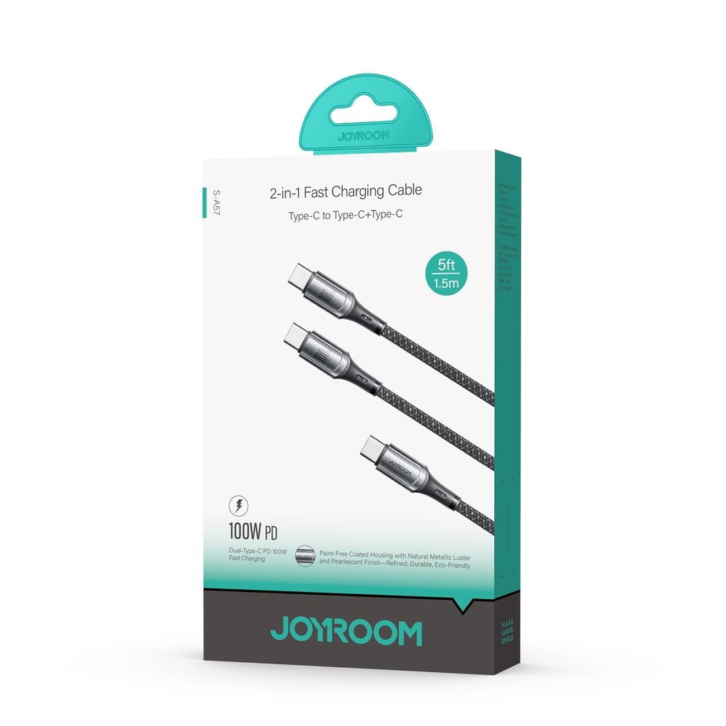 Joyroom S-A57 RapidX-serien hurtigladekabel 100W USB-C til 2x USB-C – Grå