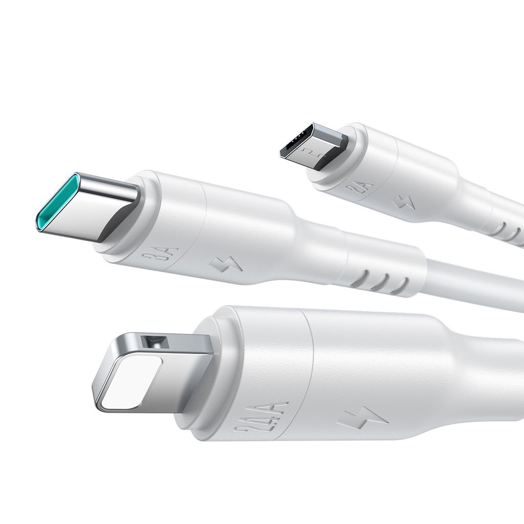 Joyroom S-A61 OmniGo-serien 3-i-1 USB-C-ladekabel USB-C/Lightning/Micro – hvit