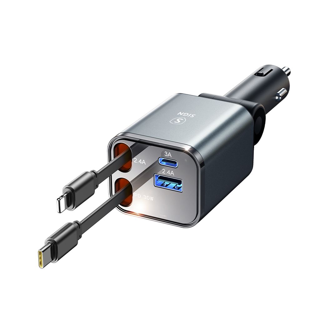 SiGN 4-i-1 billaddare 30W med utdragbara USB-C/Lightning-kablar – svart