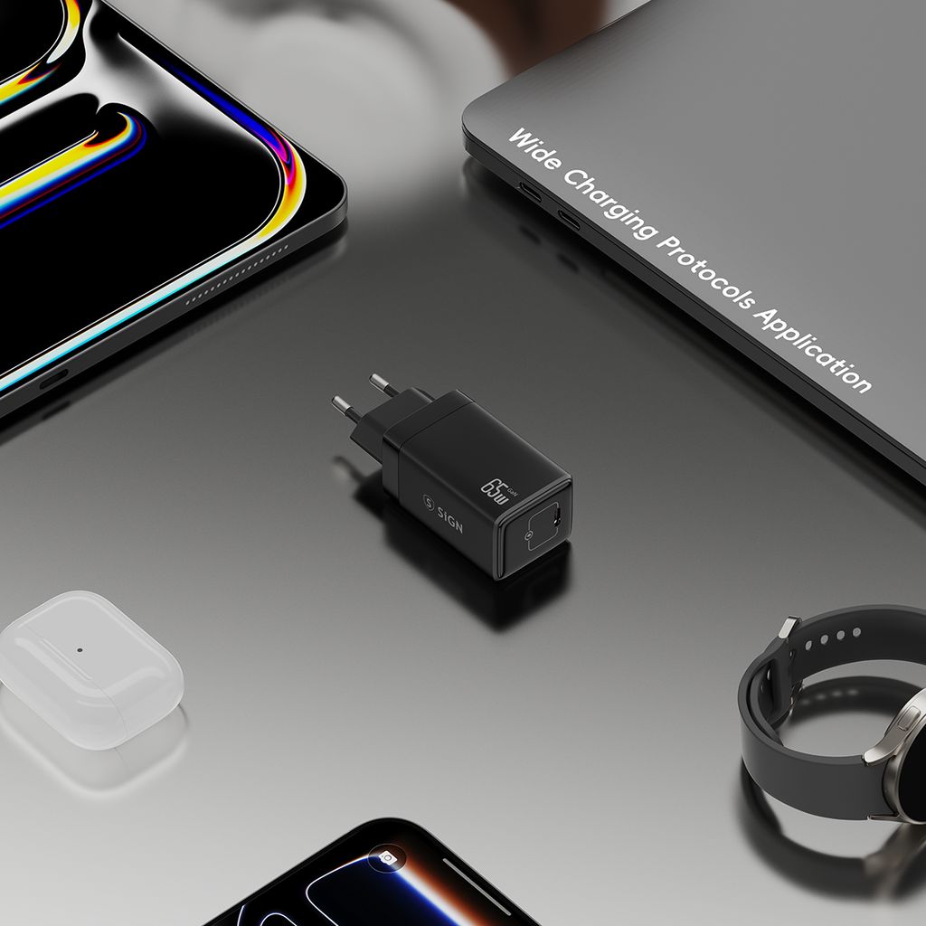 SiGN 65W lader, USB-C PD, hurtiglading, MacBook Air, iPhone etc. - Svart