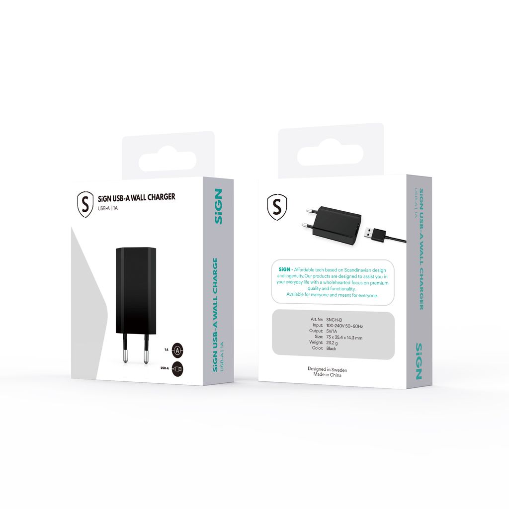 SiGN vegglader for iPhone, Android m.fl. 1A  Svart