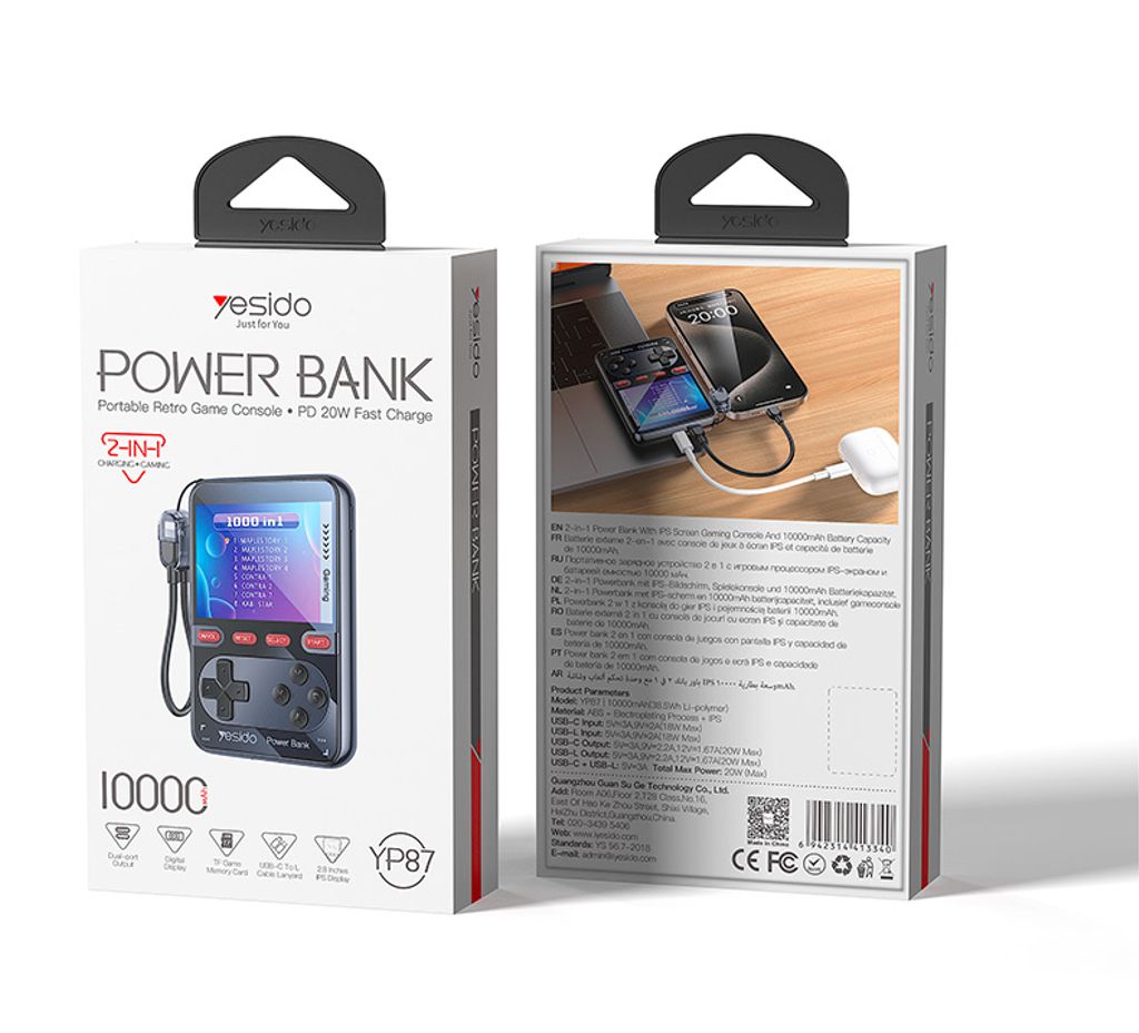 Yesido bærbar retro spillkonsoll powerbank 10000mAh 20W + Lightning-kabel
