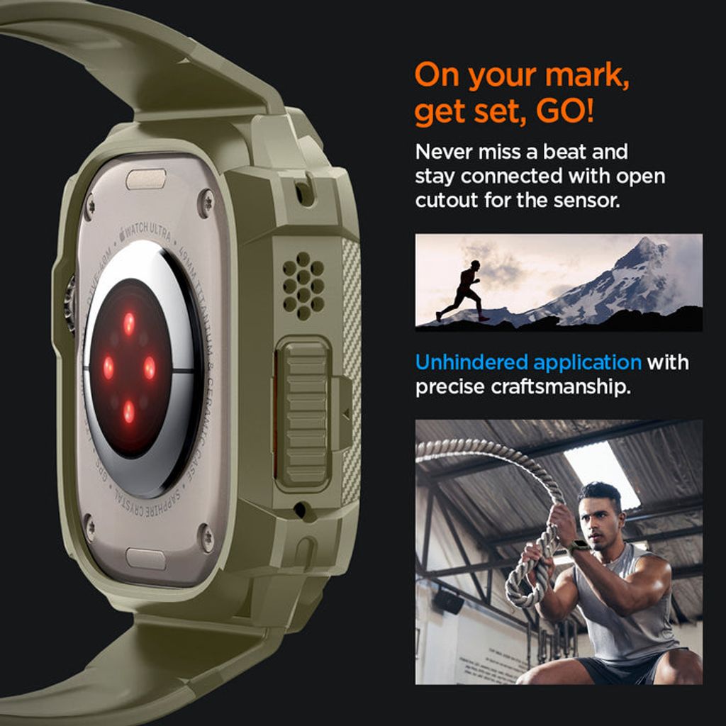 Spigen Rugged Armor Pro -kellonranneke + suojakuori Apple Watch Ultralle 4/3/2/1 (49 mm) - Vintage Khaki