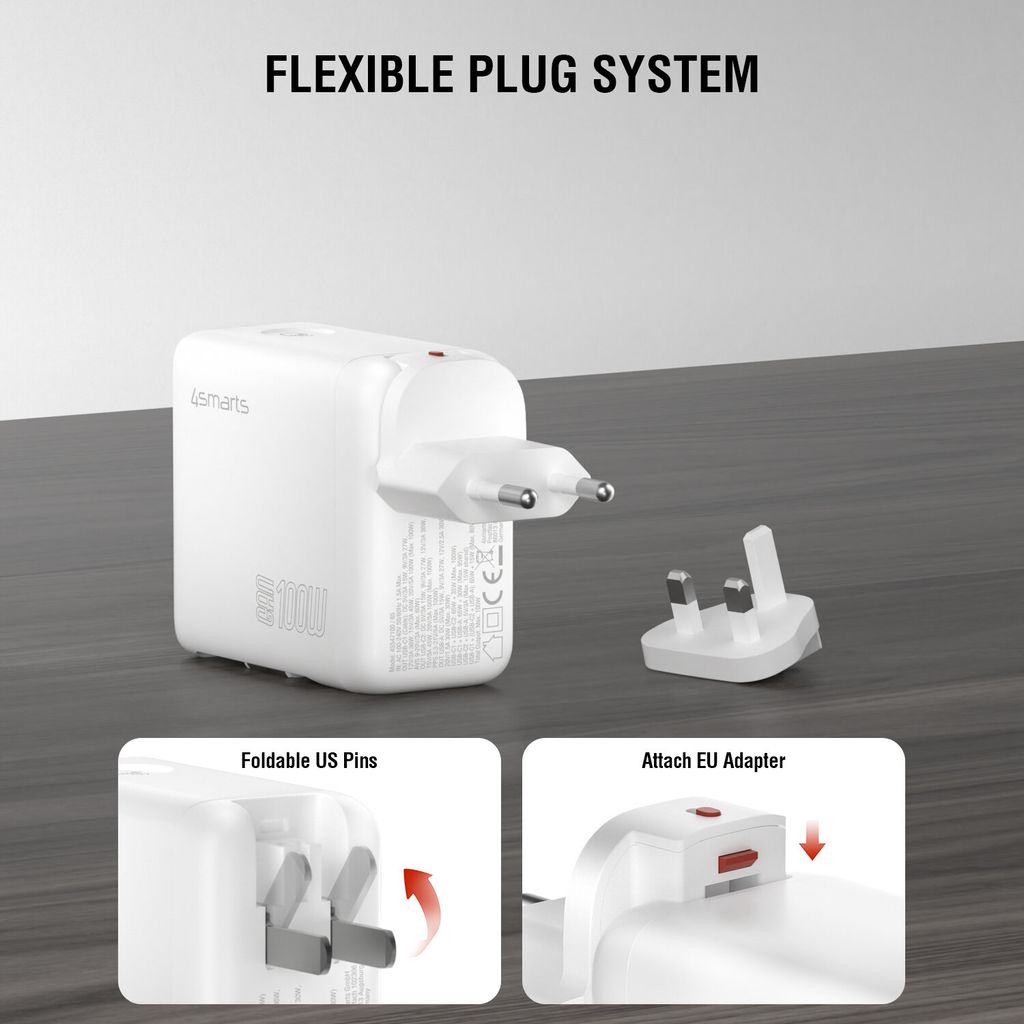 4Smarts GaN 100W Reseadapter/Laddare  EU/US/UK till USB-C/USB-A + USB-C kabel