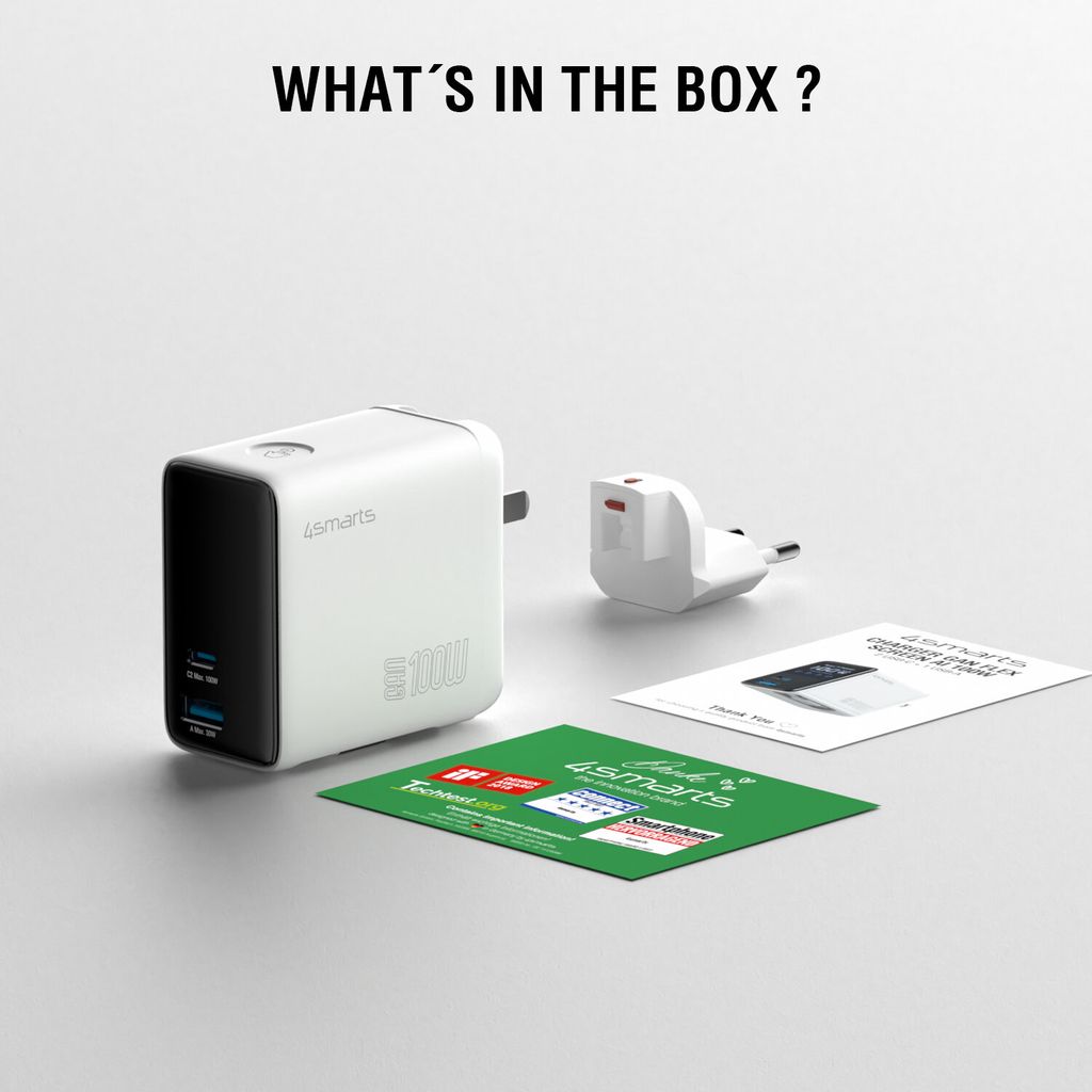 4Smarts GaN Flex 100W matkasovitin/laturi EU/USA - USB-C/USB-A + USB-C-kaapeli