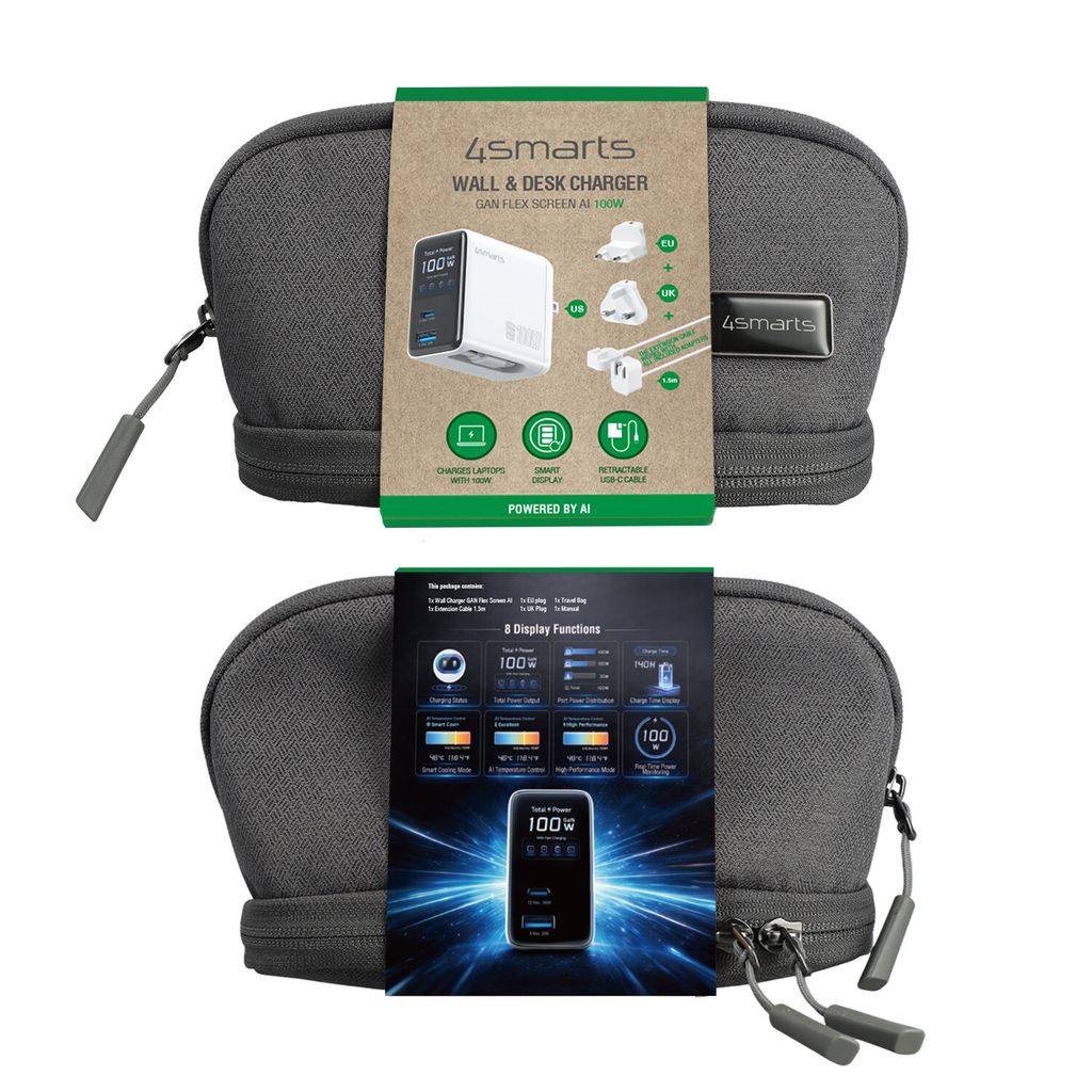 4Smarts GaN 100W Reseadapter/Laddare  EU/US/UK till USB-C/USB-A + USB-C kabel