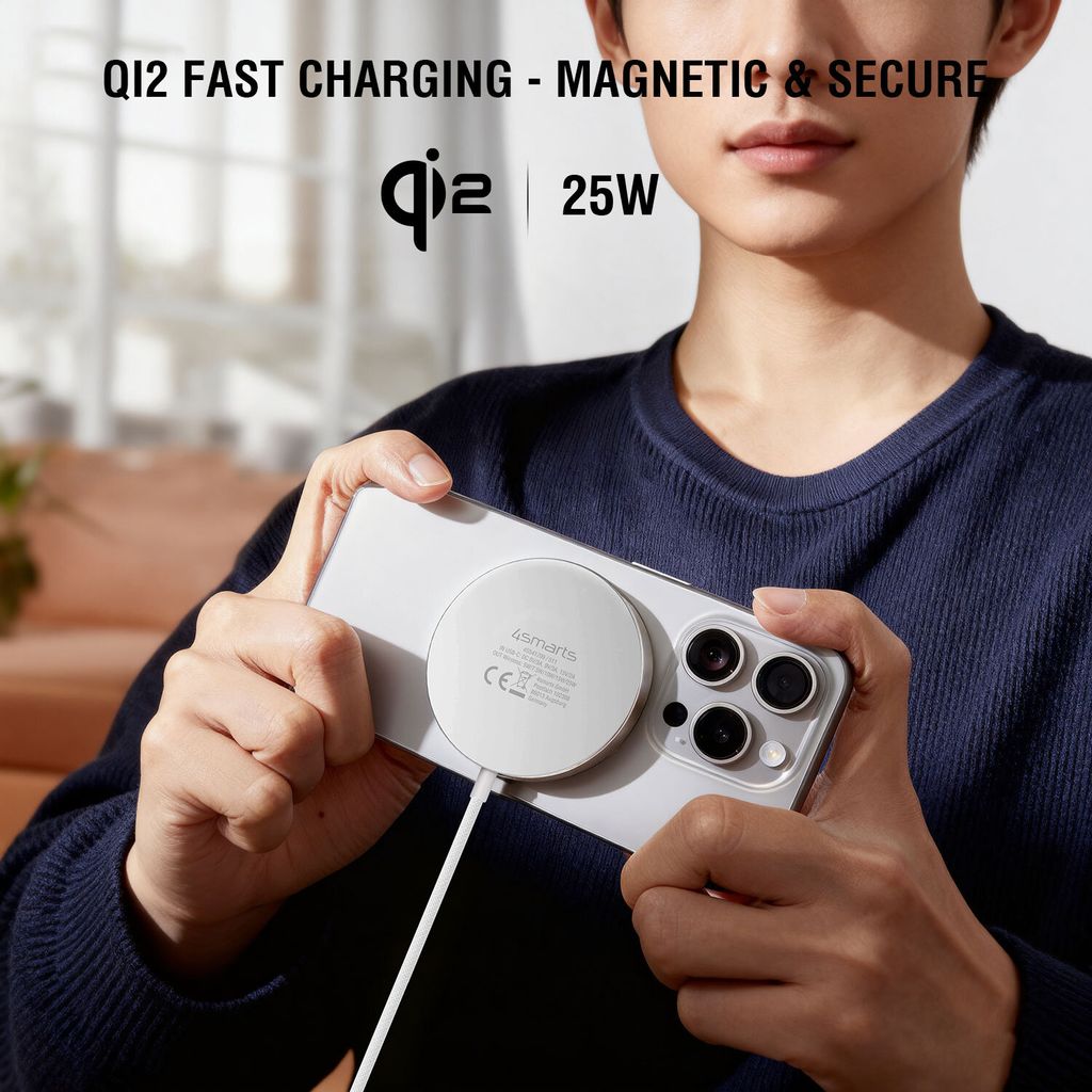 4Smarts Qi2 MagSafe trådløs lader 25W, 1,5m – Hvit