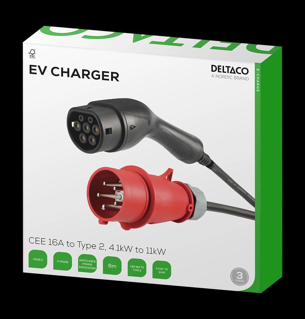 DELTACO E-Charge latauskaapeli 3-vaiheinen CEE 16A - Type-2, 6m