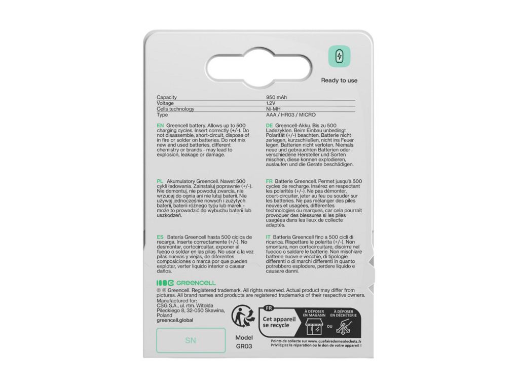 Green Cell Rechargeable AAA-Akku 950mAh, 1.2V, 4 kpl