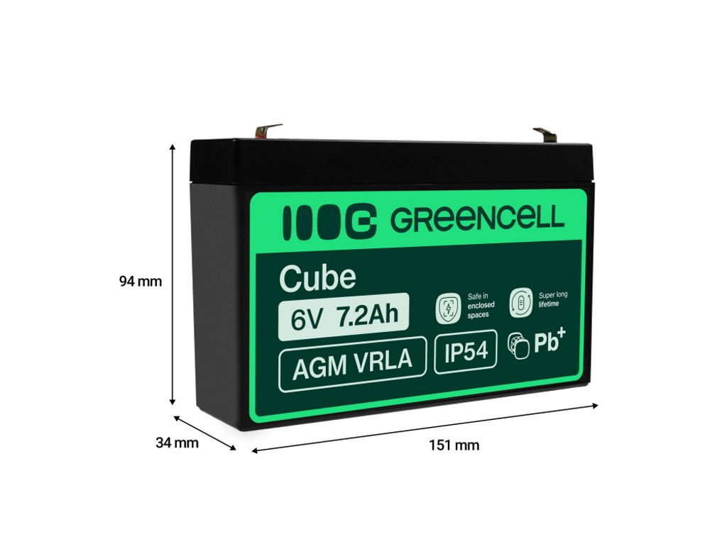Green Cell 6V 7.2Ah AGM VRLA -akku hälytyksiin, kassakoneisiin ja leluihin