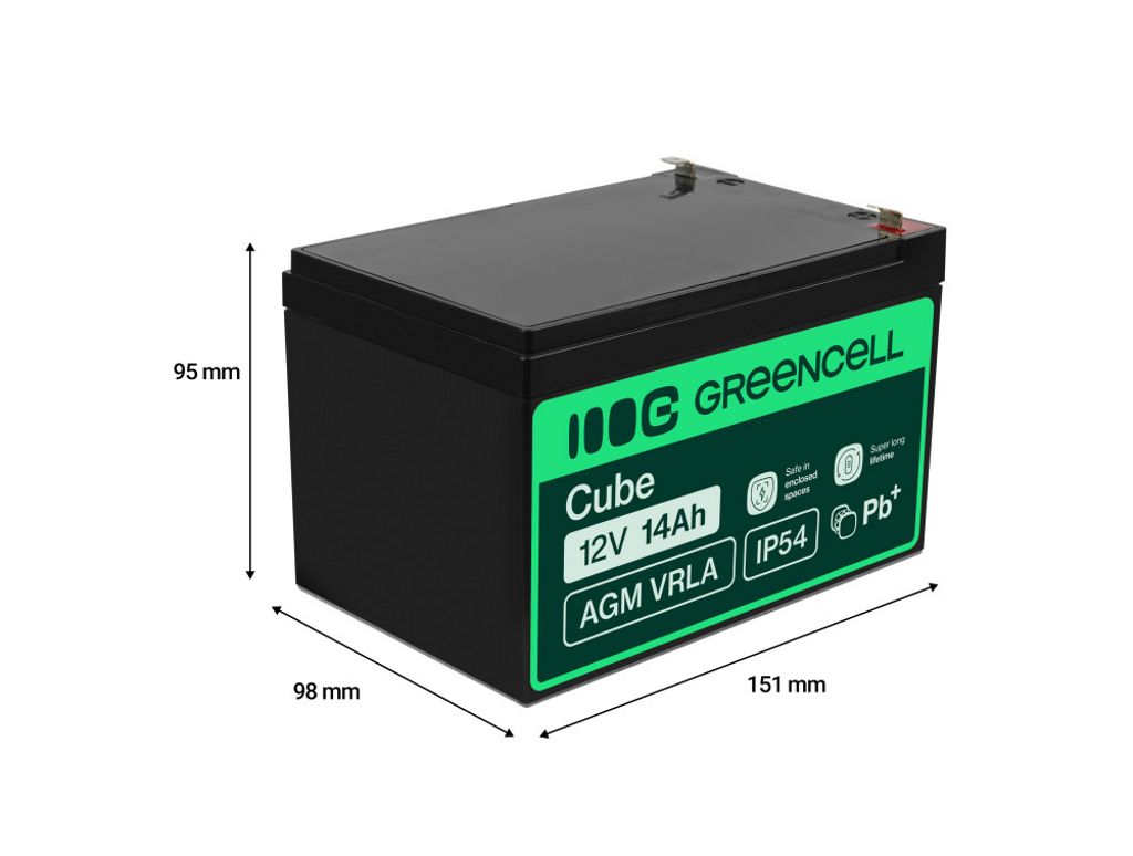Green Cell AGM VRLA 12V 14Ah vedligeholdelsesfrit batteri til alarmsystemer, kasseapparater, legetøj