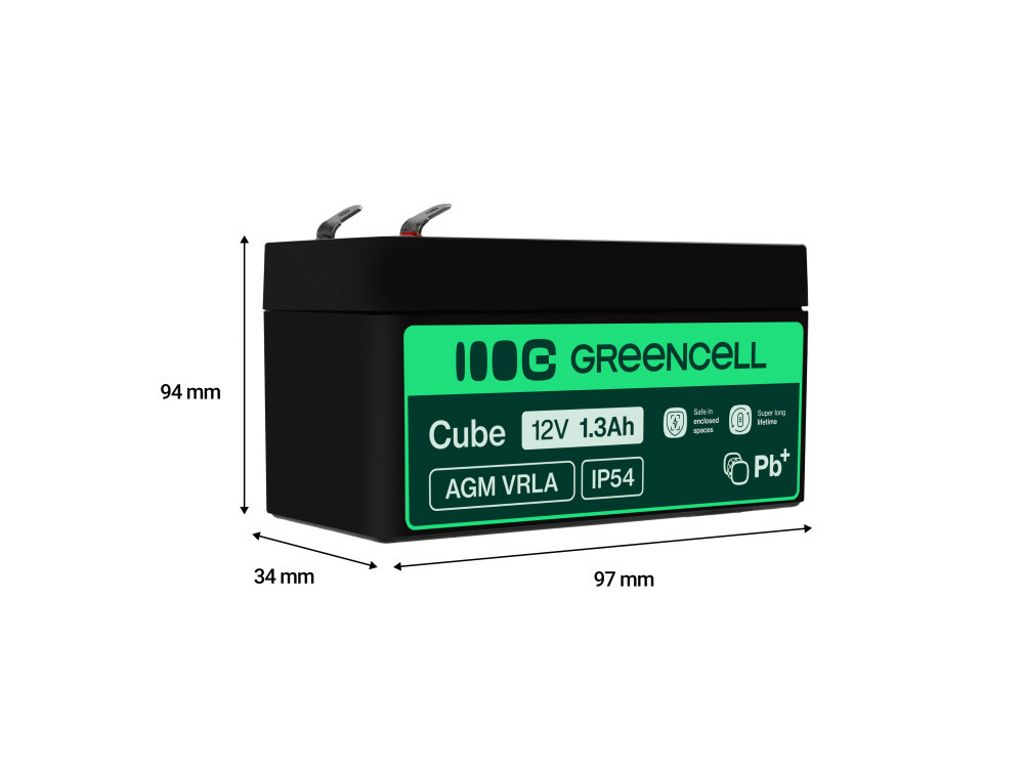 Green Cell AGM VRLA 12V 1,3Ah vedlikeholdsfritt batteri for alarmer og leker