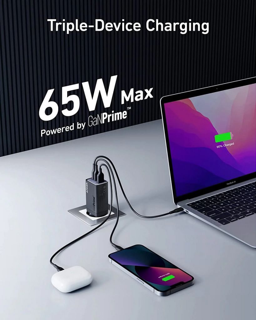 Anker 735 GaNPrime III 65W seinälaturi – 2 x USB-C + 1 x USB-A