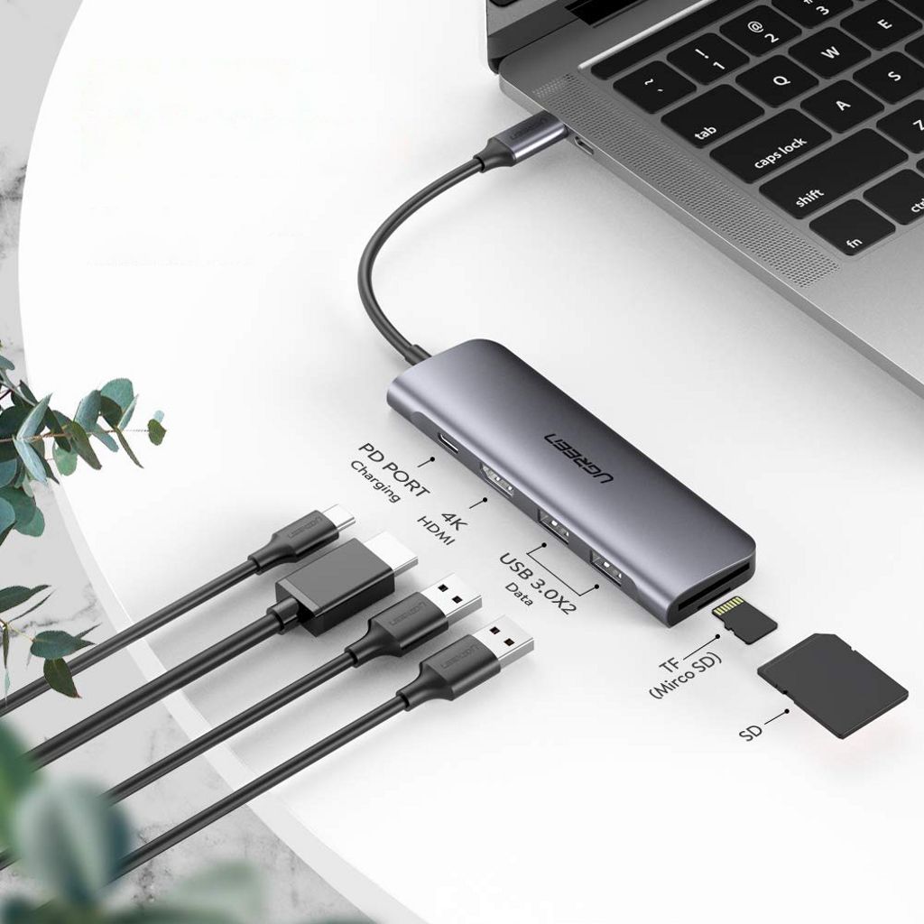 UGREEN CM195 USB-C-keskitin HDMI/USB-A/USB-C/SD/microSD-liitännällä - harmaa