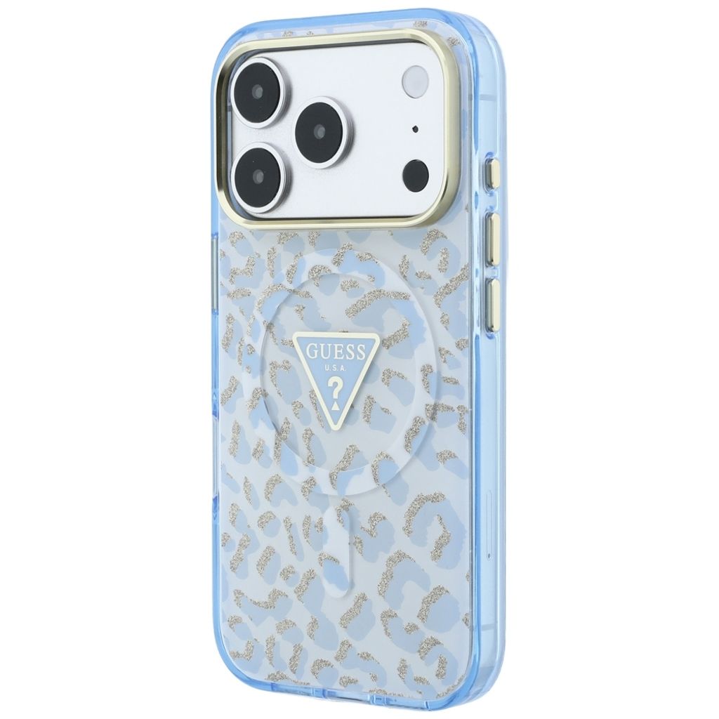 Guess Leopard Glitter Triangle Logo MagSafe -kuori iPhone 17 Pro Max/18 Pro Max:lle - Sininen