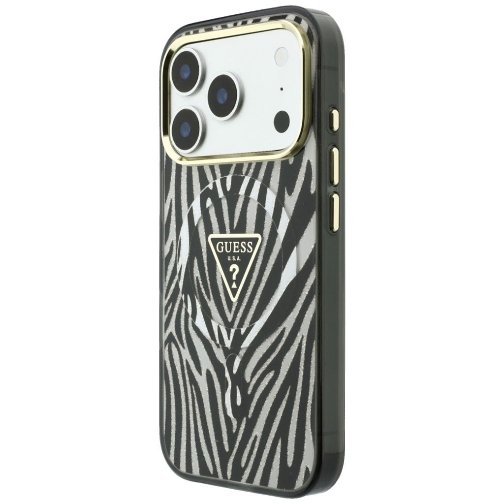 Guess IML Zebra Glitter Triangle Logo MagSafe -kuori  iPhone 18 Pro/17 Pro:lle - Hopea
