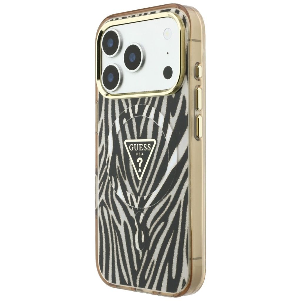 Guess Zebra Glitter Triangle Logo MagSafe -kuori  iPhone 17 Pro/18 Pro Case:lle - Kulta