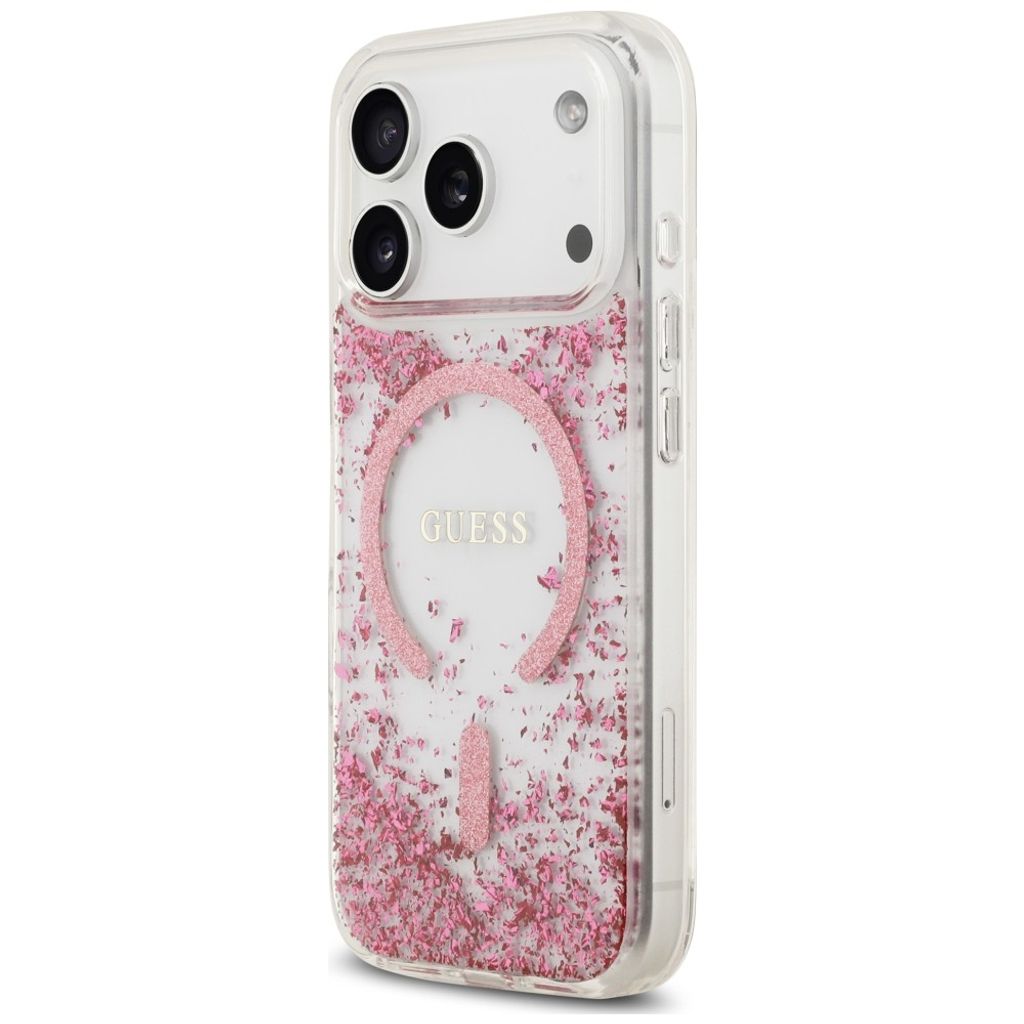 Guess Resin Glitter MagSafe -kuori  iPhone 18 Pro Max:lle - Vaaleanpunainen